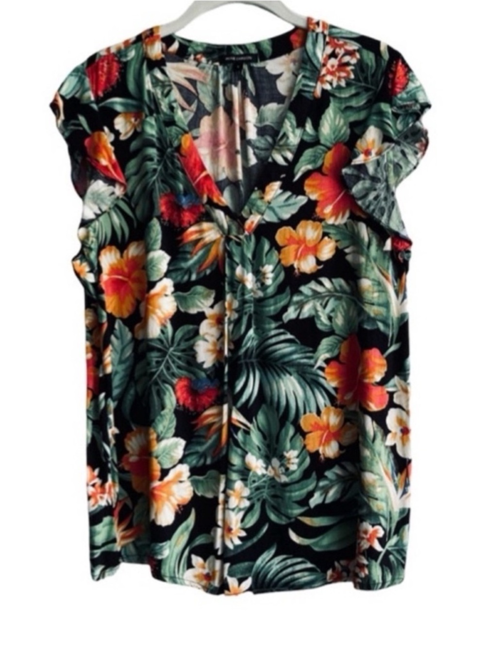 Anne Carson V-neck Blouse Flutter Sleeve Tropical Floral Green Orange Size L